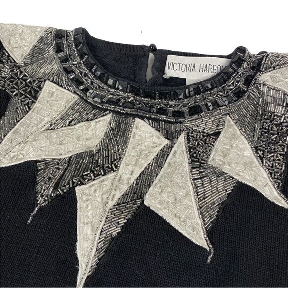 80s Black Abstract Pearl Jewel Knitted Vintage Sweater Victoria Harbour - Picture 2 of 5